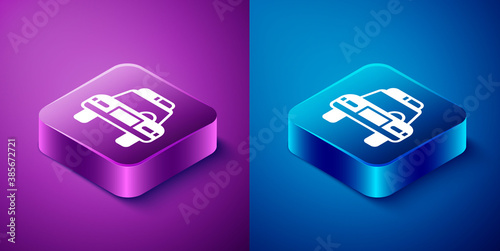Isometric Police car and police flasher icon isolated on blue and purple background. Emergency flashing siren. Square button. Vector.