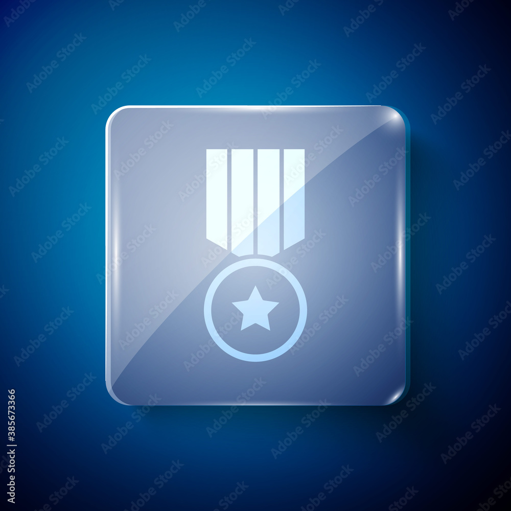 White Medal with star icon isolated on blue background. Winner achievement sign. Award medal. Square glass panels. Vector. White Medal with star icon isolated on blue background. Winner achievement sign. Award medal. Square glass panels. Vector.