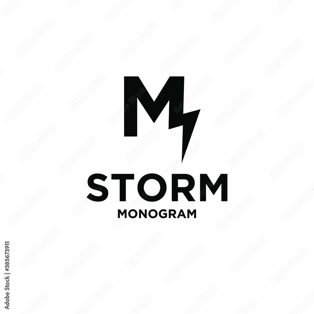 storm with initial letter m and modification as thunderbolt vector logo icon illustration design isolated white background