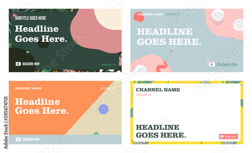 Youtube channel video thumbnail template set of four, social media graphic resources. Fashion trendy abstract texture style background with placeholder texts.