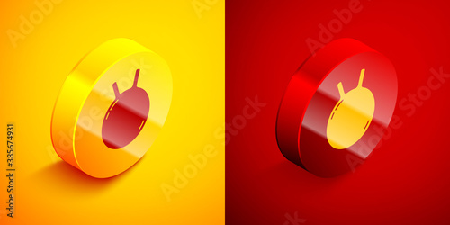 Isometric Kettlebell icon isolated on orange and red background. Sport equipment. Circle button. Vector.