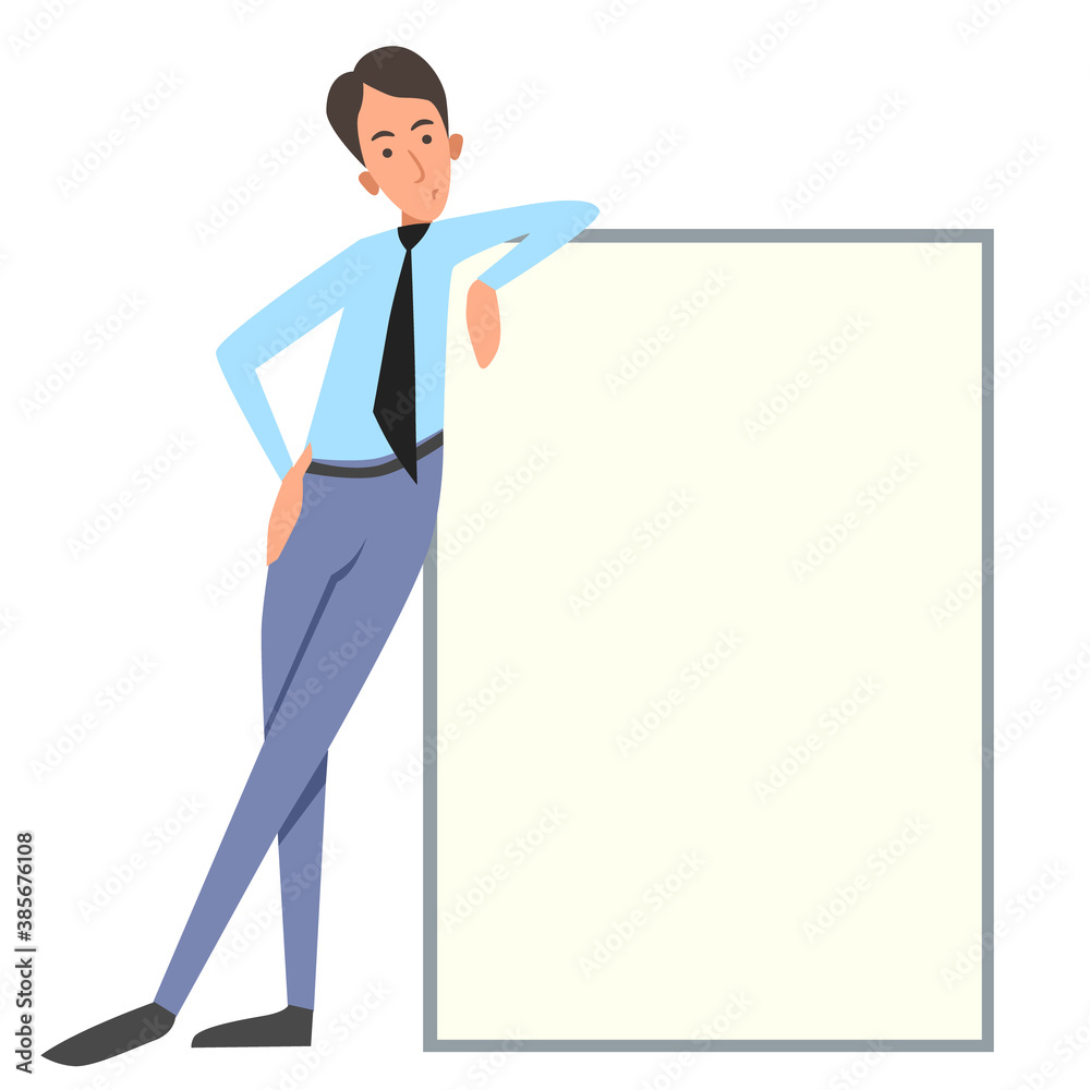 Vector illustration of an office worker on a white isolated background. A man in trousers and shirt holds a banner, a poster. Free space for the text. Vector illustration of an office worker on a white isolated background. A man in trousers and shirt holds a banner, a poster. Free space for the text.