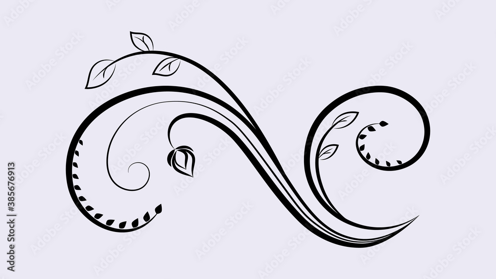 Floral decorative element with curly lines and leaves, flat design, vector illustration. Floral decorative element with curly lines and leaves, flat design, vector illustration.