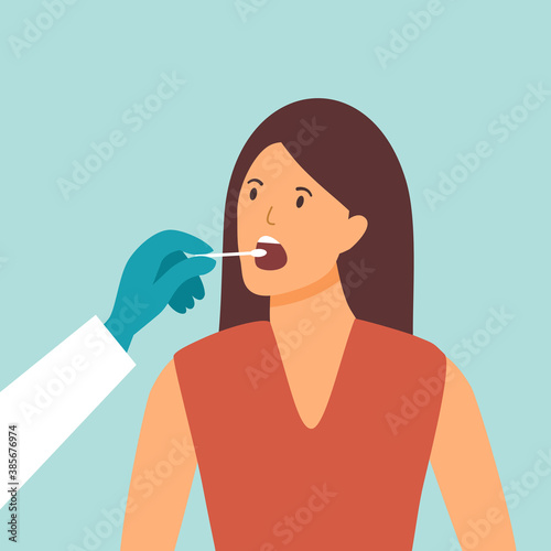 Mouth saliva test using swab concept vector illustration. COVID-19 Coronavirus or DNA test. Doctor keep saliva sample from woman patient.