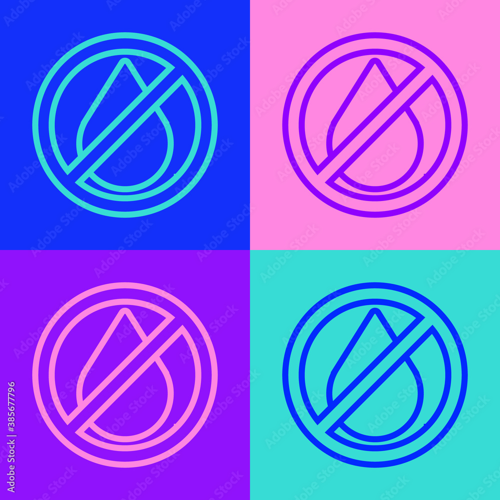 Pop art line Water drop forbidden icon isolated on color background. No water sign. Vector Illustration. Pop art line Water drop forbidden icon isolated on color background. No water sign. Vector Illustration.