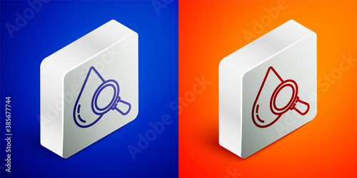 Isometric line Drop and magnifying glass icon isolated on blue and orange background. Silver square button. Vector Illustration.