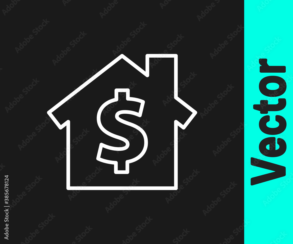 White line House with dollar symbol icon isolated on black background. Home and money. Real estate concept. Vector Illustration. White line House with dollar symbol icon isolated on black background. Home and money. Real estate concept. Vector Illustration.