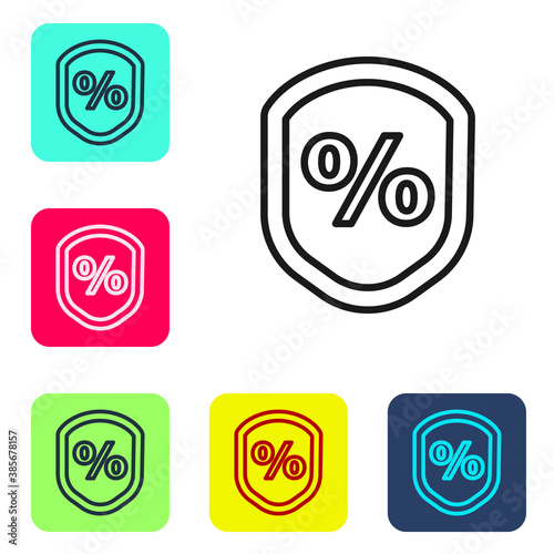 Black line Loan percent icon isolated on white background. Protection shield sign. Credit percentage symbol. Set icons in color square buttons. Vector Illustration.