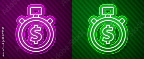 Glowing neon line Time is money icon isolated on purple and green background. Money is time. Effective time management. Convert time to money. Stopwatch. Vector Illustration.