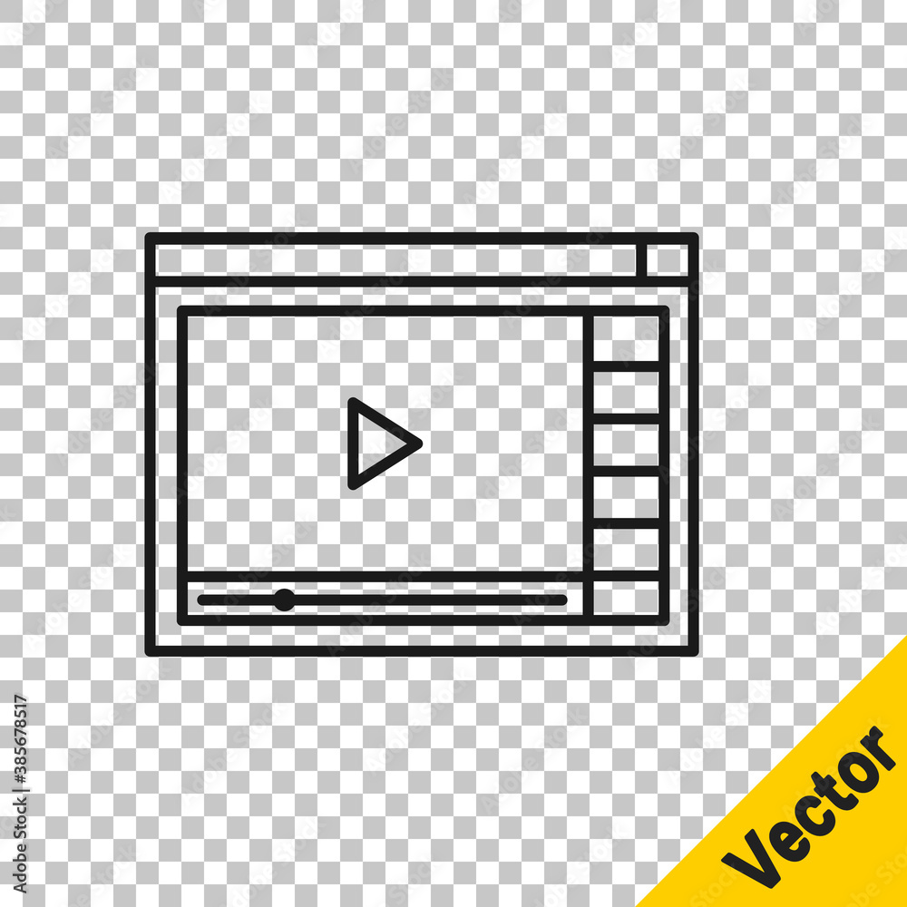 Black line Online play video icon isolated on transparent background. Film strip with play sign. Vector Illustration. Black line Online play video icon isolated on transparent background. Film strip with play sign. Vector Illustration.