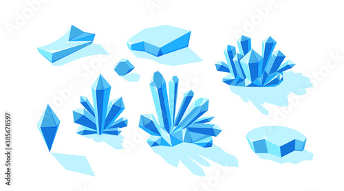 Ice crystals and icebergs isolated in white background. Set of druses and separate crystals made of blue mineral. Vector illustration in cartoon style