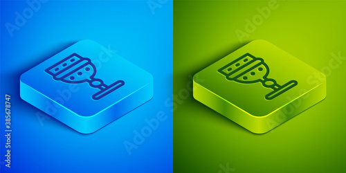 Isometric line Medieval goblet icon isolated on blue and green background. Square button. Vector.