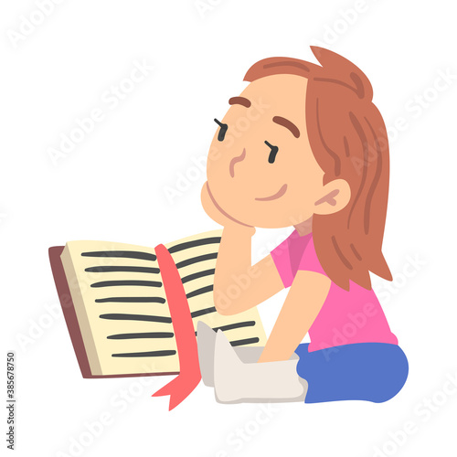 Curious Girl Reading Book, Young Fan of Literature, Fairy Tales, Stories, Discoveries Cartoon Style Vector Illustration