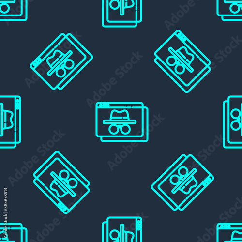 Green line Browser incognito window icon isolated seamless pattern on blue background. Vector.