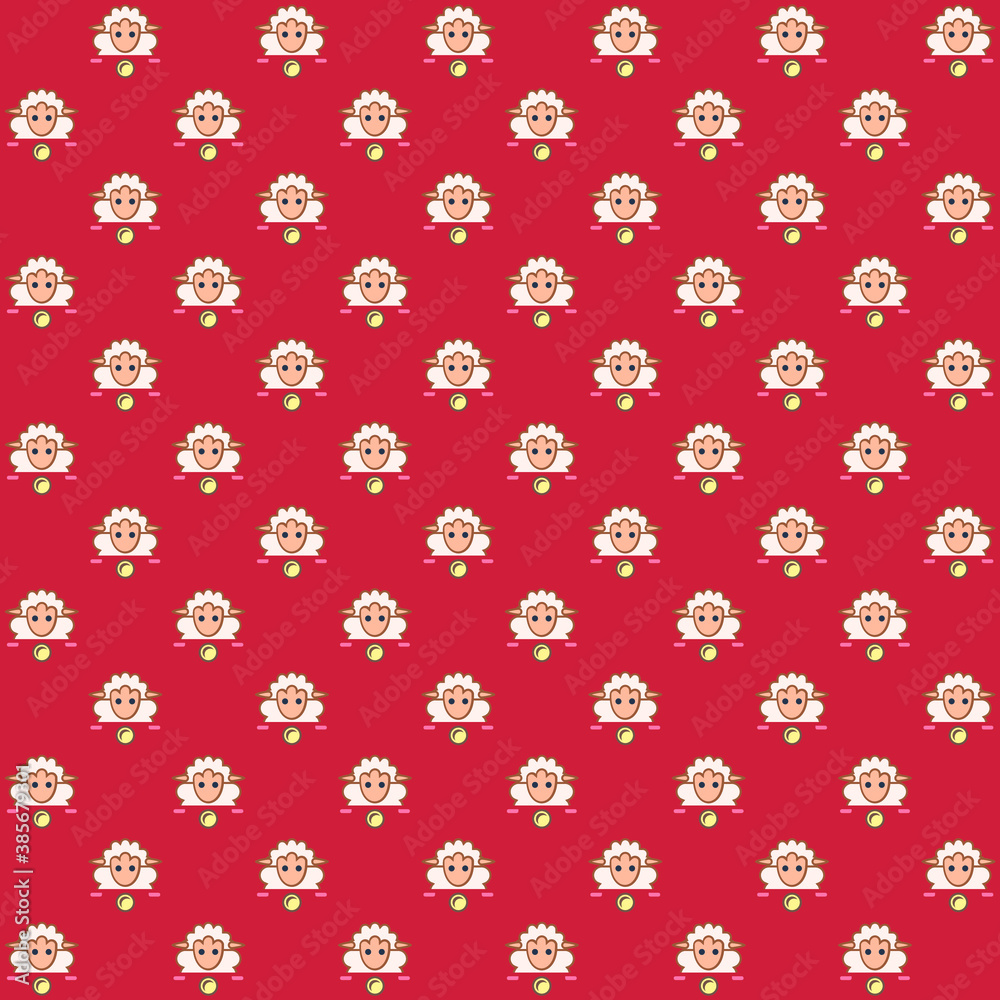 white sheep riding bike with headlight front view on a red background repeat pattern