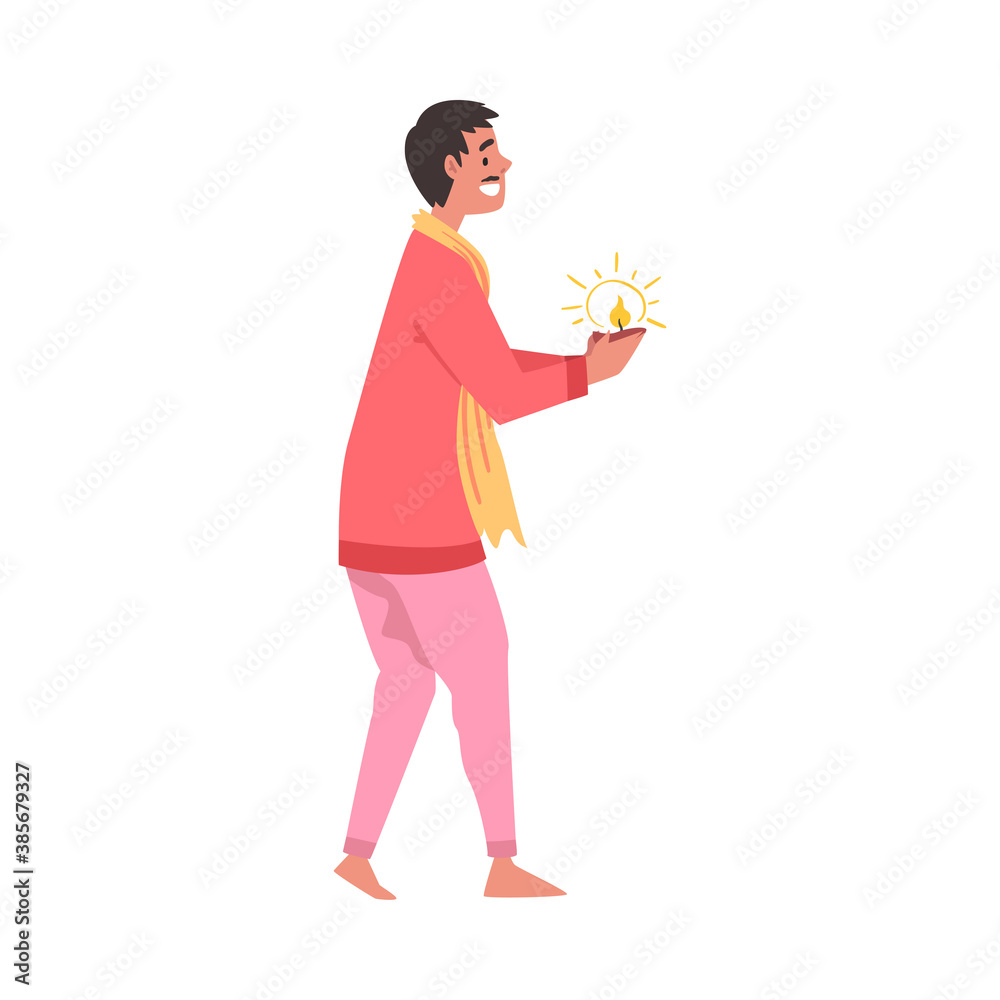 Indian Man in Traditional Clothes with Candle in His Hands, People Celebrating Diwali Hindu Holiday Light Festival Cartoon Style Vector Illustration Indian Man in Traditional Clothes with Candle in His Hands, People Celebrating Diwali Hindu Holiday Light Festival Cartoon Style Vector Illustration