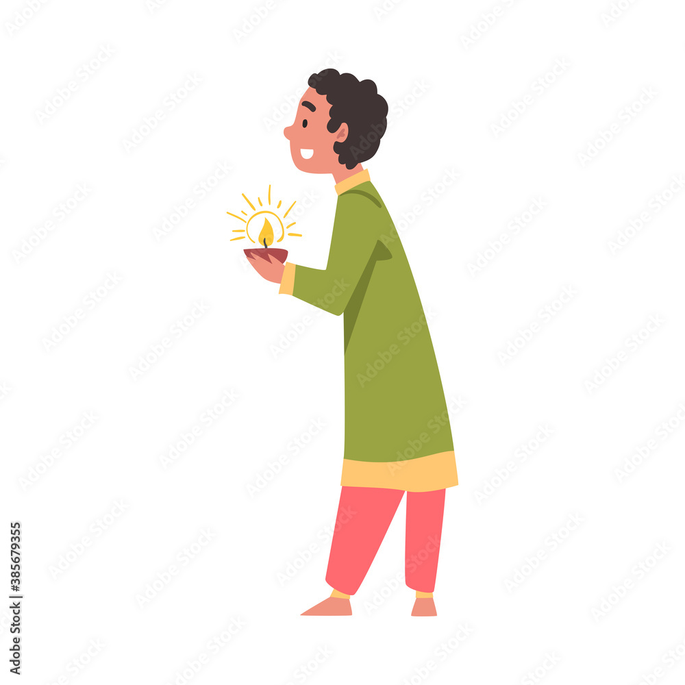 Indian Boy in Traditional Clothes with Candle in his Hands, People Celebrating Diwali Hindu Holiday Cartoon Style Vector Illustration Indian Boy in Traditional Clothes with Candle in his Hands, People Celebrating Diwali Hindu Holiday Cartoon Style Vector Illustration