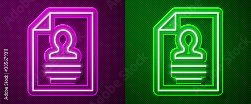 Glowing neon line Resume icon isolated on purple and green background. CV application. Searching professional staff. Analyzing personnel resume. Vector.