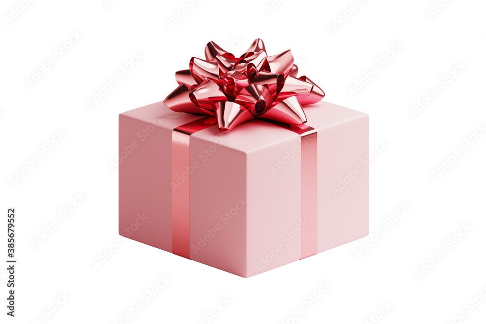 Minimal element for Christmas and  New year concept. Pink gift box with pink ribbon bow isolated on white background 3d render illustration. Clipping path of each element included.