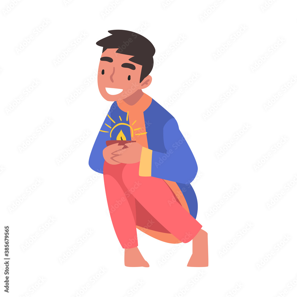 Indian Man in Traditional Clothes with Candle, People Celebrating Diwali Hindu Holiday Cartoon Style Vector Illustration