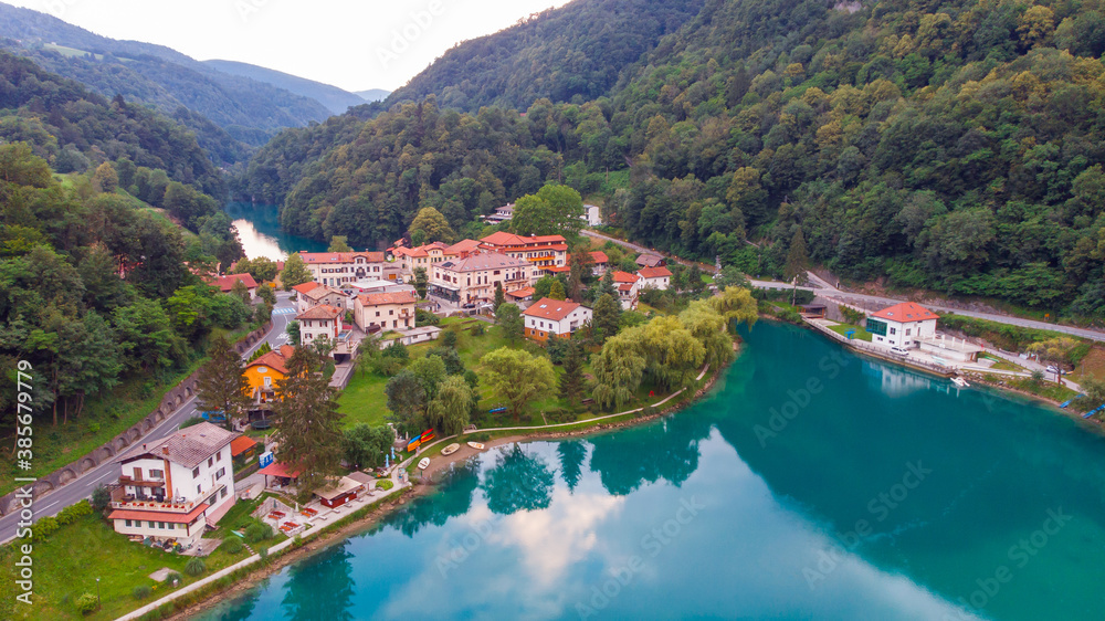 Aerial view of Most Na Soci lake in beautiful colors near Tolmin