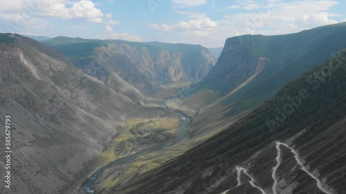 Aerial 4k video of Katu Yaryk mountain pass and the valley of the river of Chulyshman. Altai Republic, Russia, beautiful summer day
