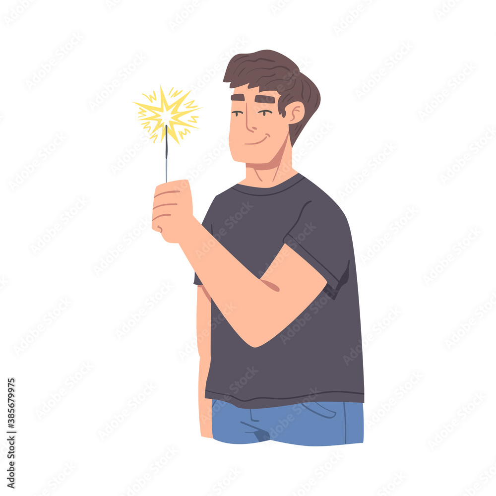 Young Man with Burning Sparkler, Guy Celebrating Christmas, New Year or Birthday Holiday Cartoon Style Vector Illustration