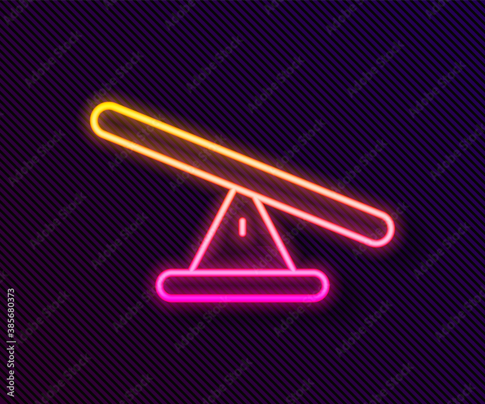 Glowing neon line Seesaw icon isolated on black background. Teeter equal board. Playground symbol. Vector. Glowing neon line Seesaw icon isolated on black background. Teeter equal board. Playground symbol. Vector.