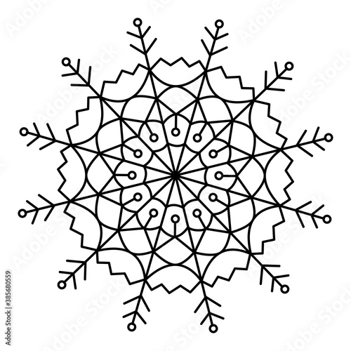 Christmas Mandala. Snowflake Mandala. Round Element For Coloring Book. Black Lines on White Background.