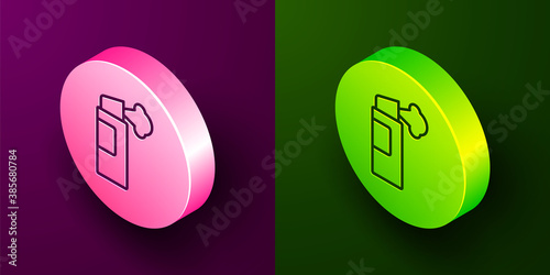 Isometric line Pepper spray icon isolated on purple and green background. OC gas. Capsicum self defense aerosol. Circle button. Vector.