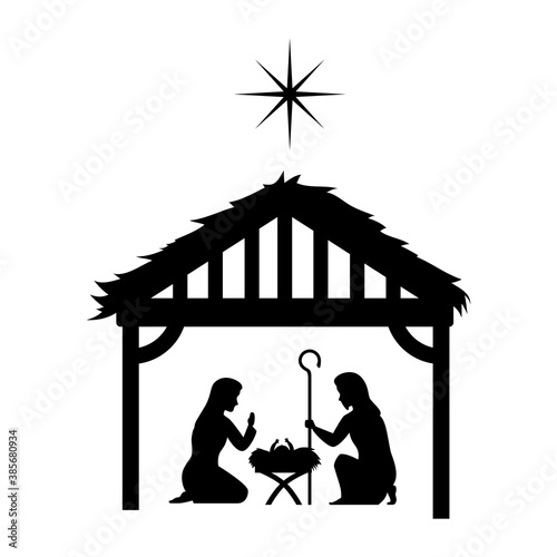 merry christmas mary joseph and baby jesus under hut silhouette design, nativity winter season and decoration theme Vector illustration
