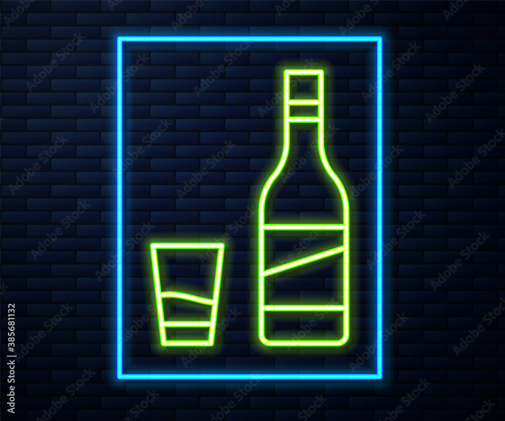 Glowing neon line Bottle of vodka with glass icon isolated on brick wall background. Vector. Glowing neon line Bottle of vodka with glass icon isolated on brick wall background. Vector.