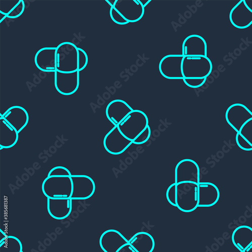 Green line Sports nutrition bodybuilding proteine power drink and food icon isolated seamless pattern on blue background. Vector.