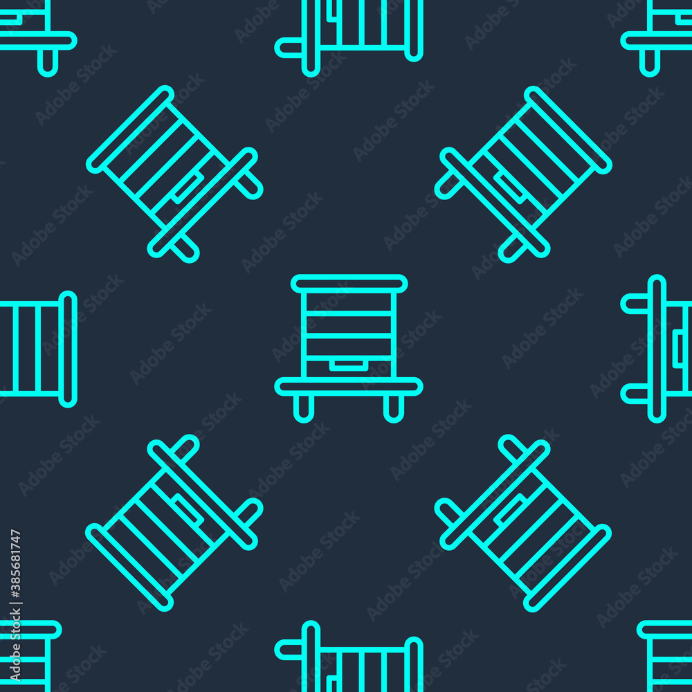 Green line Hive for bees icon isolated seamless pattern on blue background. Beehive symbol. Apiary and beekeeping. Sweet natural food. Vector. Green line Hive for bees icon isolated seamless pattern on blue background. Beehive symbol. Apiary and beekeeping. Sweet natural food. Vector.
