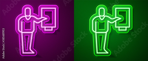 Glowing neon line Museum guide icon isolated on purple and green background. Vector.