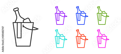 Black line Bottle of wine in an ice bucket icon isolated on white background. Set icons colorful. Vector.