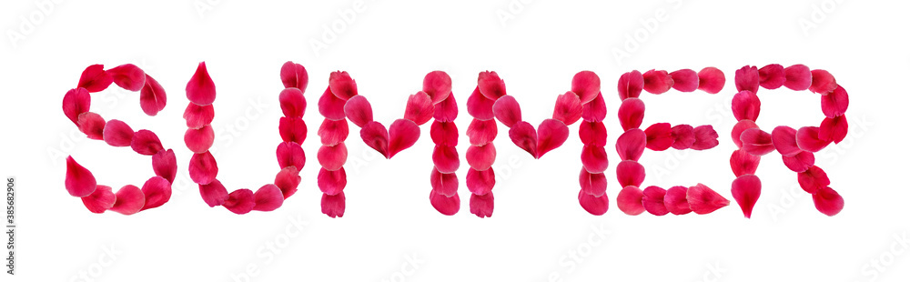 Floral word Summer made from purple peony petals isolated on white background. Decorative natural set of English letters from flower petals Floral word Summer made from purple peony petals isolated on white background. Decorative natural set of English letters from flower petals