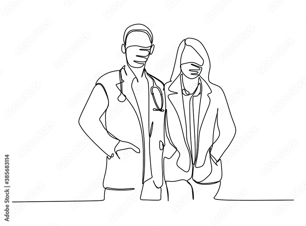 Female and male medical doctor in protective mask. Continuous line drawing