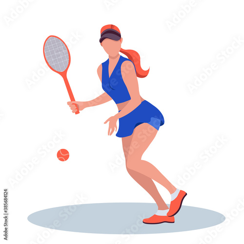 Young girl playing tennis with ball and professional racket, isolated on white, vector, illustration