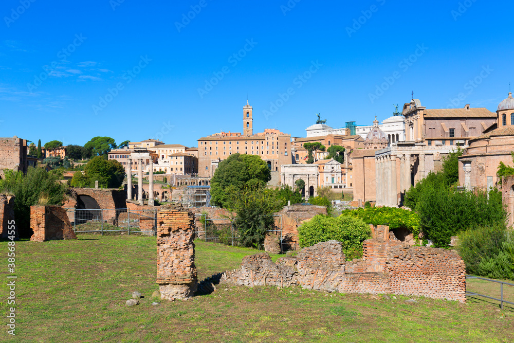 Forum Romanum, view of the ruins of several important ancient  buildings, Rome, Italy