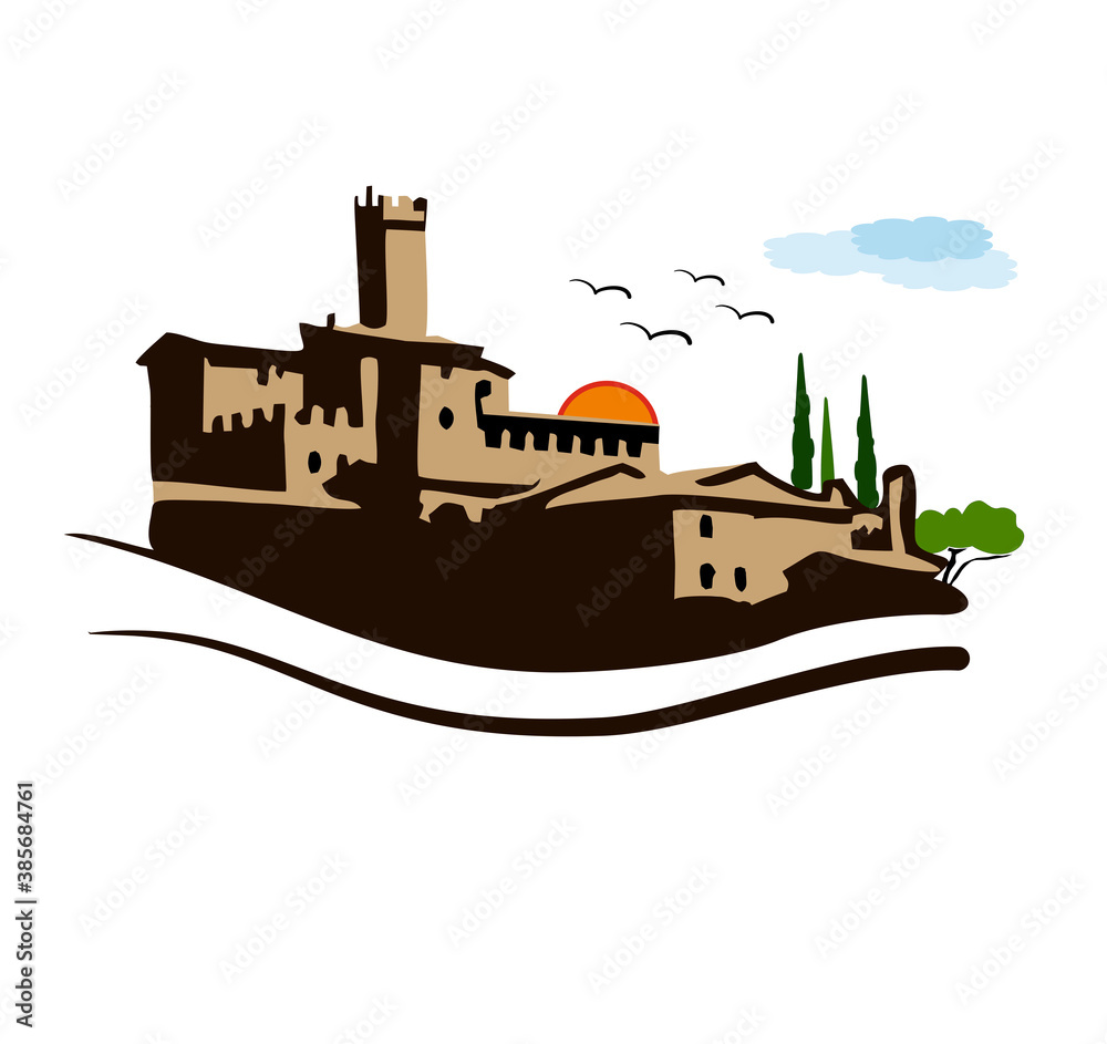 ILLUSTRATION OF CASTLE IN TUSCAN HILLS ITALY