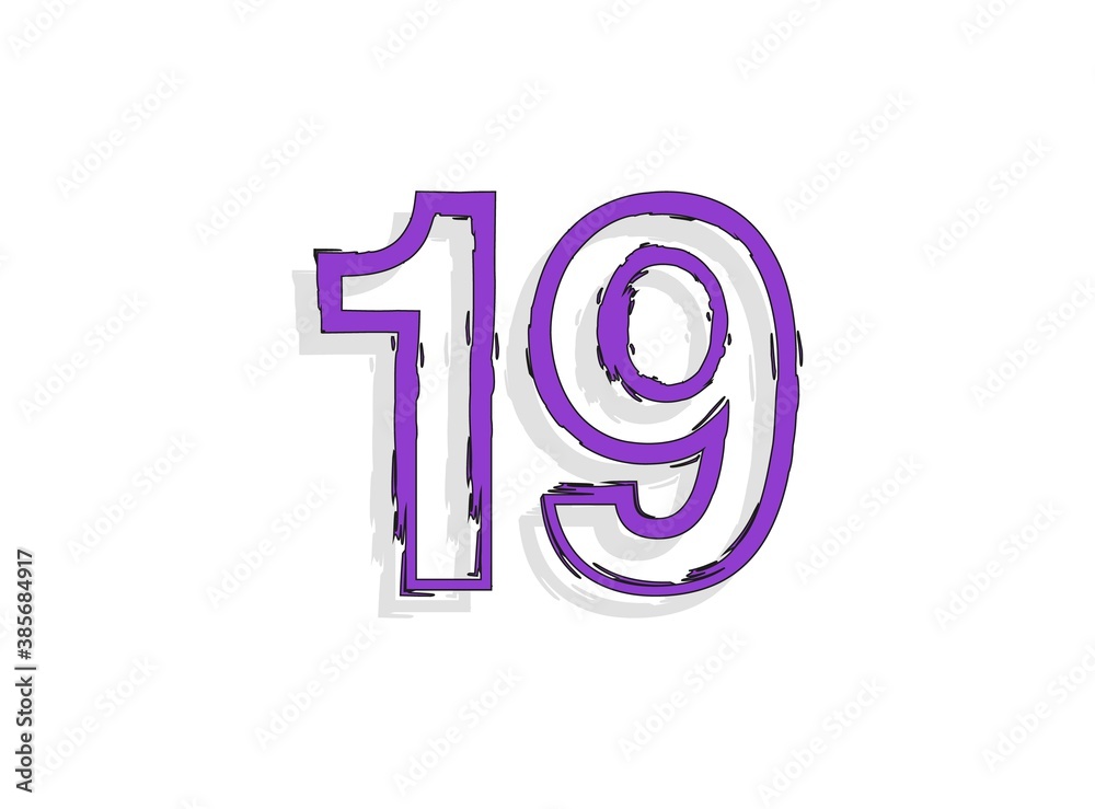 19 font purple number, hand drawn brush stroke. Modern, cartoon calligraphic design. For design element, logo, creative poster etc. Vector illustration 19 font purple number, hand drawn brush stroke. Modern, cartoon calligraphic design. For design element, logo, creative poster etc. Vector illustration