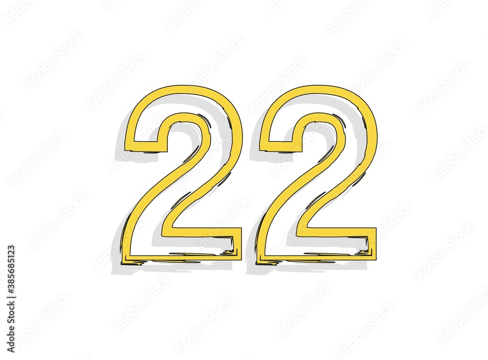22 yellow number, hand drawn brush stroke. Comic style, calligraphic design. For design element, logo, creative poster etc. Vector illustration 22 yellow number, hand drawn brush stroke. Comic style, calligraphic design. For design element, logo, creative poster etc. Vector illustration