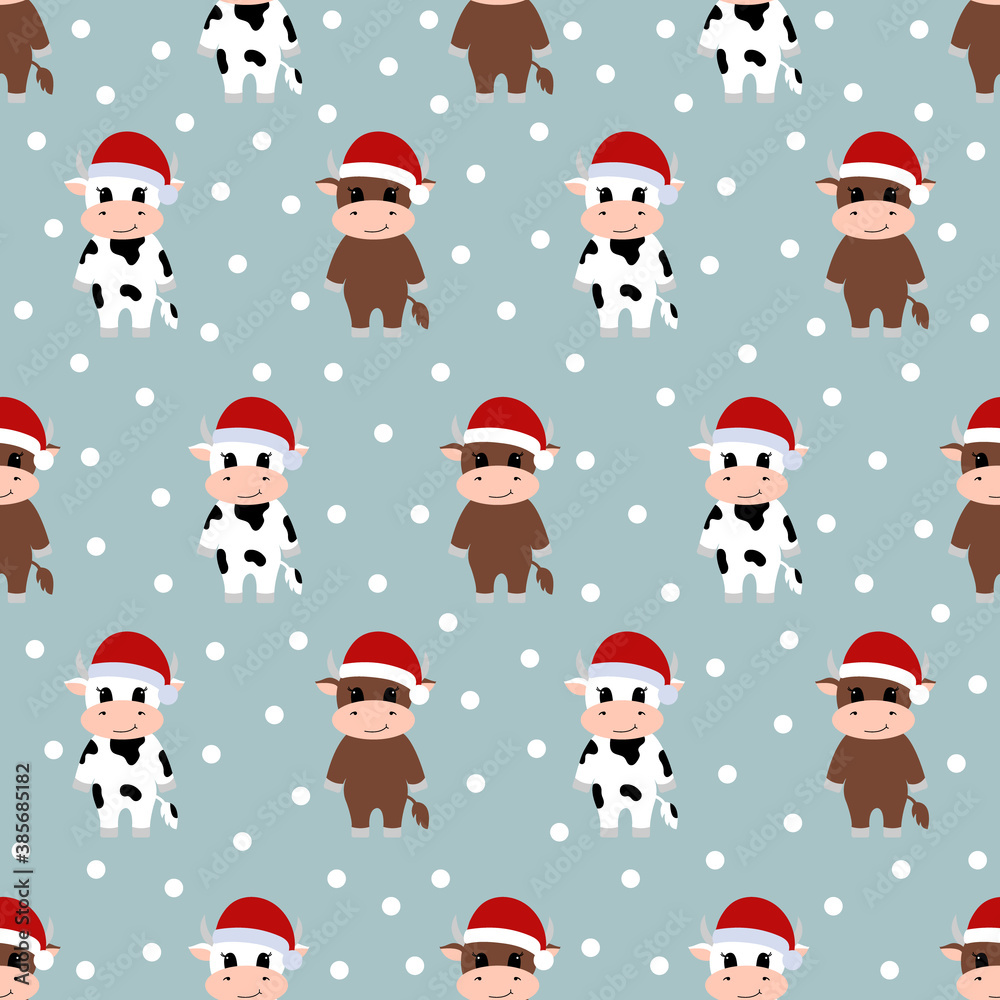 Seamless pattern with cartoon cow in Santa hat. New year 2021. Vector illustration. Seamless pattern with cartoon cow in Santa hat. New year 2021. Vector illustration.