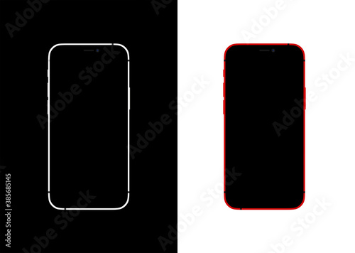 Realistic, modern, white and red smart phone collection with apps on isolated white and black background. Phone mockup