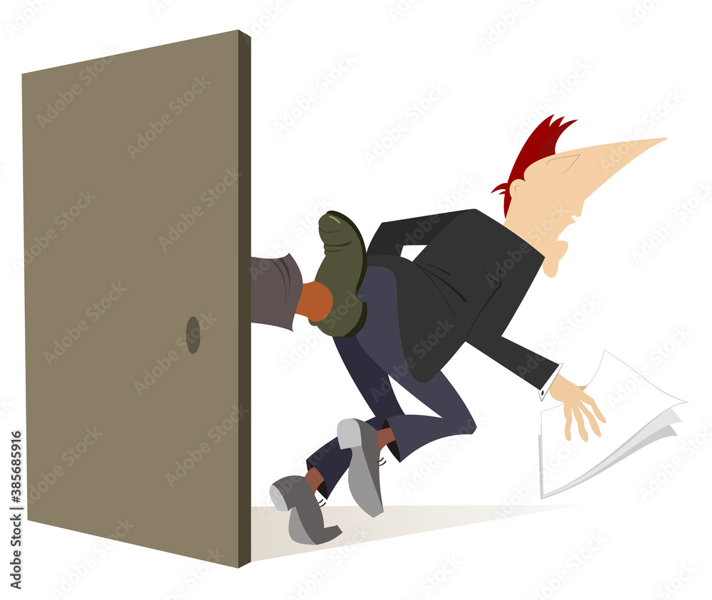 A Man Is Given A Kick In The Ass By Leg Which Appear From The Open Door Stock Illustration Adobe Stock