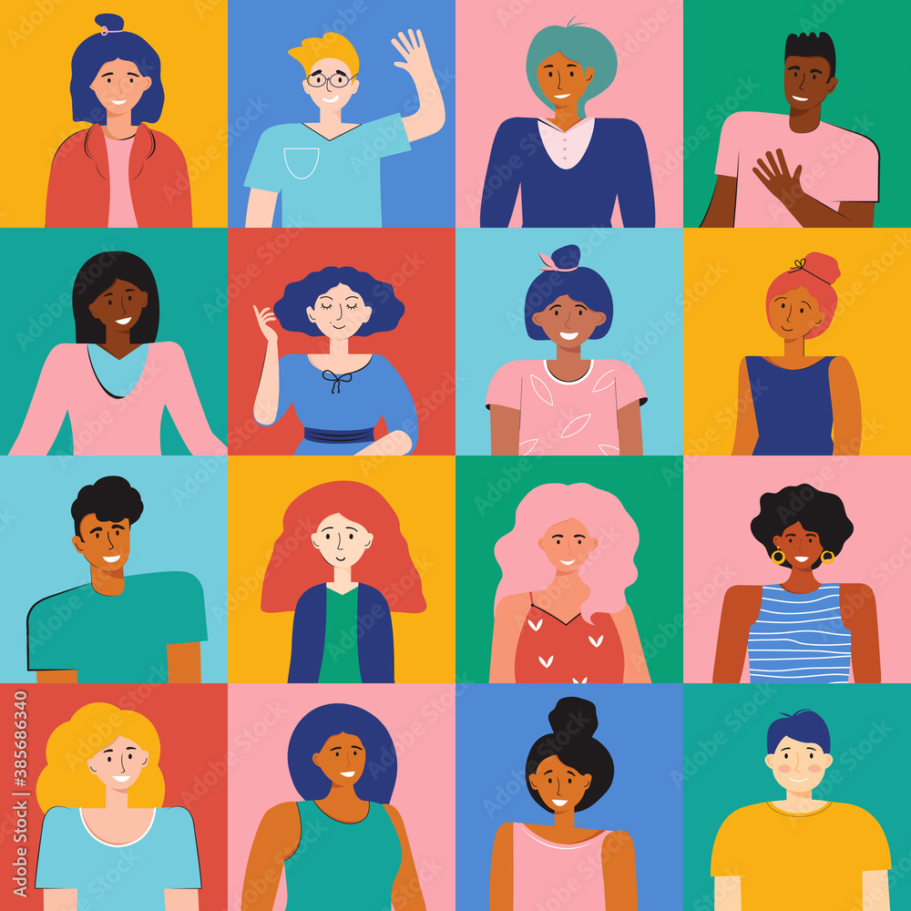 Set different person portrait of big diverse business team. Nationalities characters people. Smiling colleagues. Multicultural characters men and woman faces at square frame. Vector flat illustration. Set different person portrait of big diverse business team. Nationalities characters people. Smiling colleagues. Multicultural characters men and woman faces at square frame. Vector flat illustration.