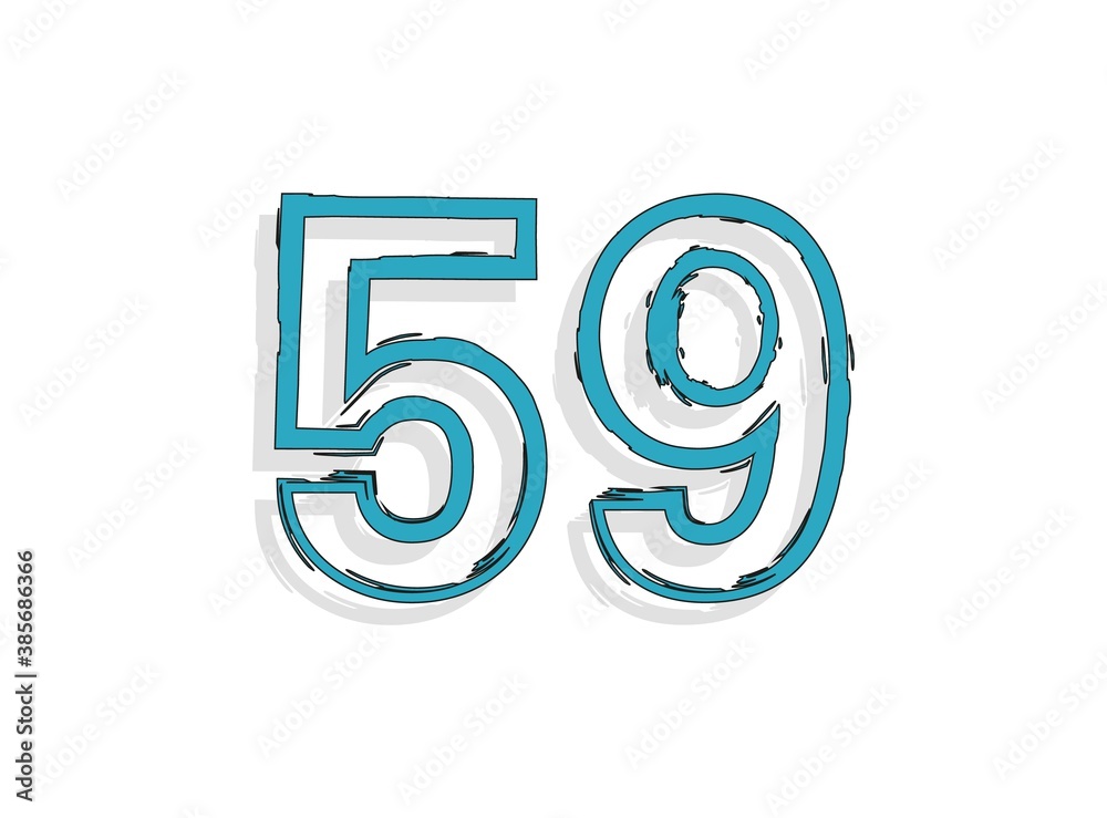 59 blue number, hand drawn brush stroke. Comic style design. For design element, logo, creative poster etc. Vector illustration