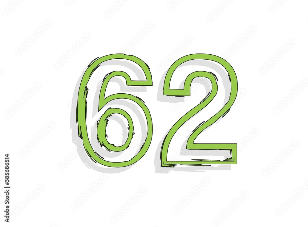 62 green number, hand drawn brush stroke. Comic style design. For design element, logo, creative poster etc. Vector illustration 62 green number, hand drawn brush stroke. Comic style design. For design element, logo, creative poster etc. Vector illustration