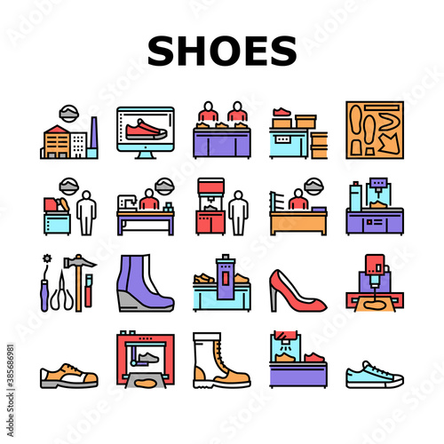Shoes Repair Service Collection Icons Set Vector. Shoes Fixing And Production Equipment, Factory And Packaging, Design And Manufacturing Concept Linear Pictograms. Color Contour Illustrations